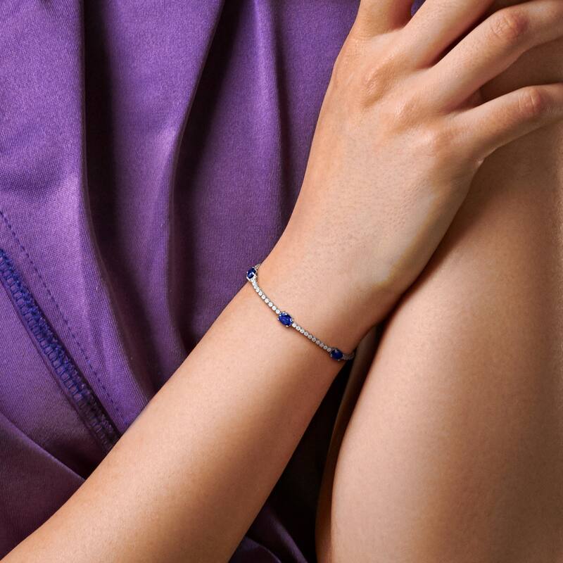Miadora 4 3/4ct TGW Created Blue Sapphire 1 3/8ct TW Lab-Grown Diamond Bracelet 18k White Gold