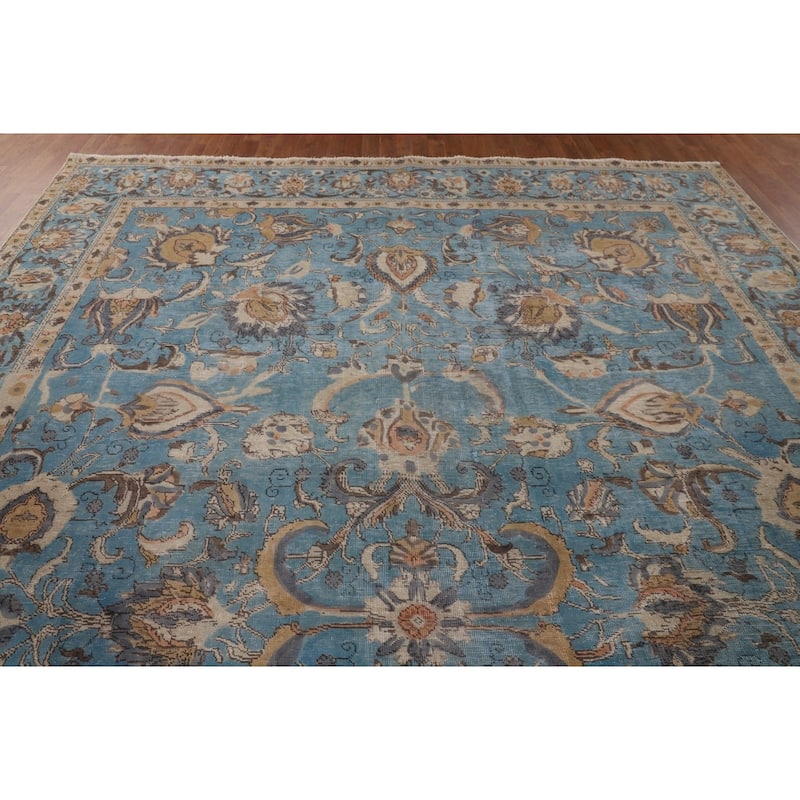 Light Blue Distressed Tabriz Persian Antique Rug Handmade Wool Carpet - 10'2" x 13'2"