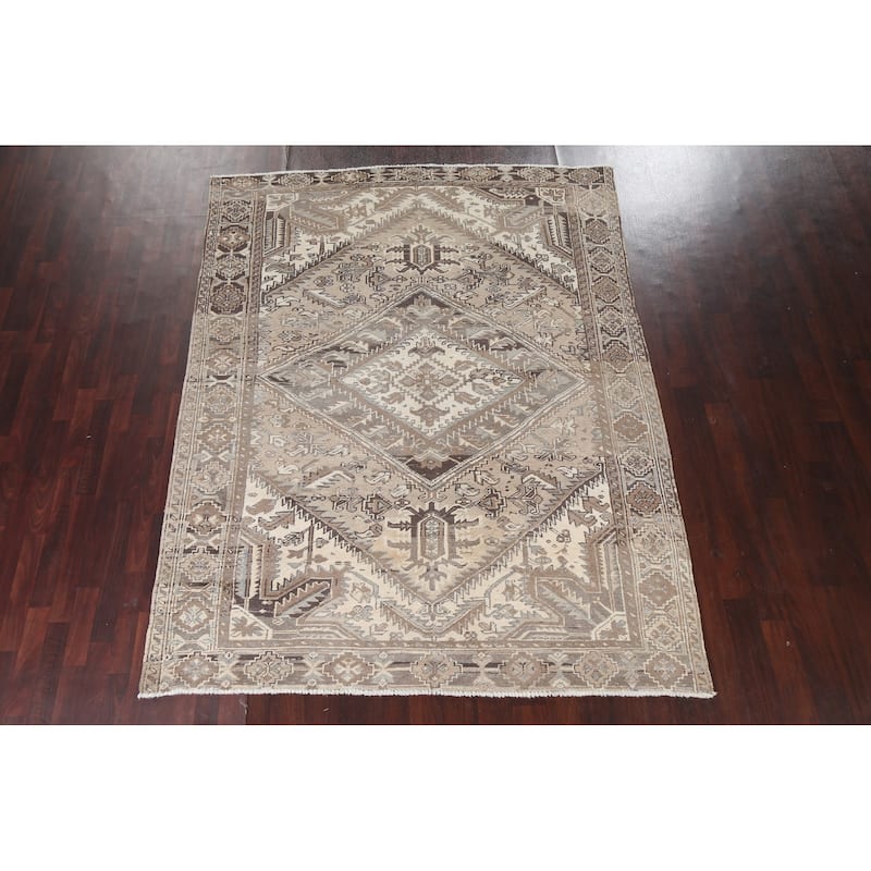 Vintage Geometric Distressed Heriz Persian Area Rug Wool Hand-knotted - 7'0" x 9'2"