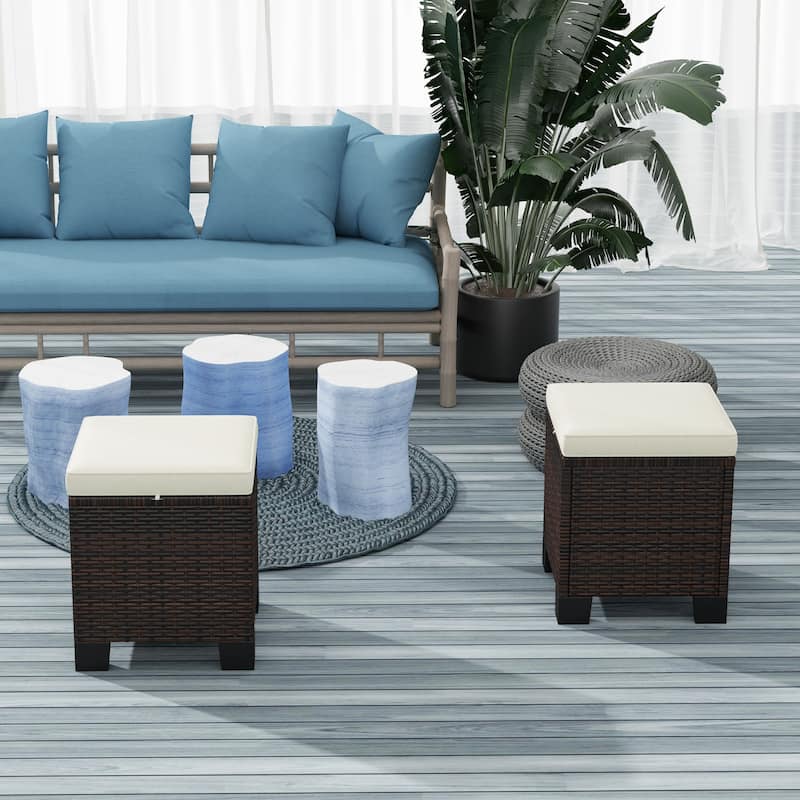 Beige-Brown Steel PE Wicker Outdoor Ottoman Set of 2 with Cushions - 15.7" W x 15.7" D x 18.1" H - Beige-Mixed Brown