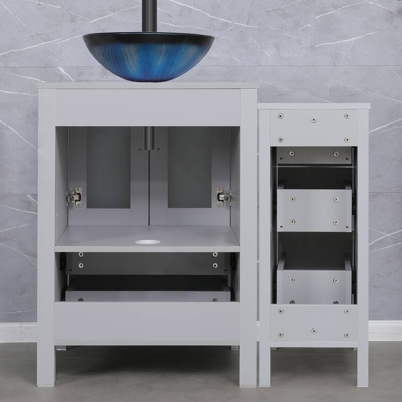 36" Bathroom Vanity Sink Gray Set with Side Cabinet Vessel Sink Mirror Faucet Combo