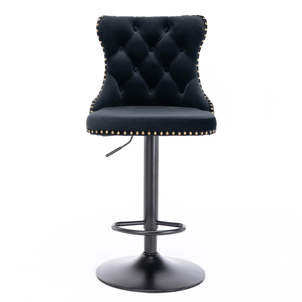 Velvet Swivel Bar Stools Set of 2, Adjustable Counter Height Bar Stools, Tufted Upholstered Bar Chairs with Nailheads Trim
