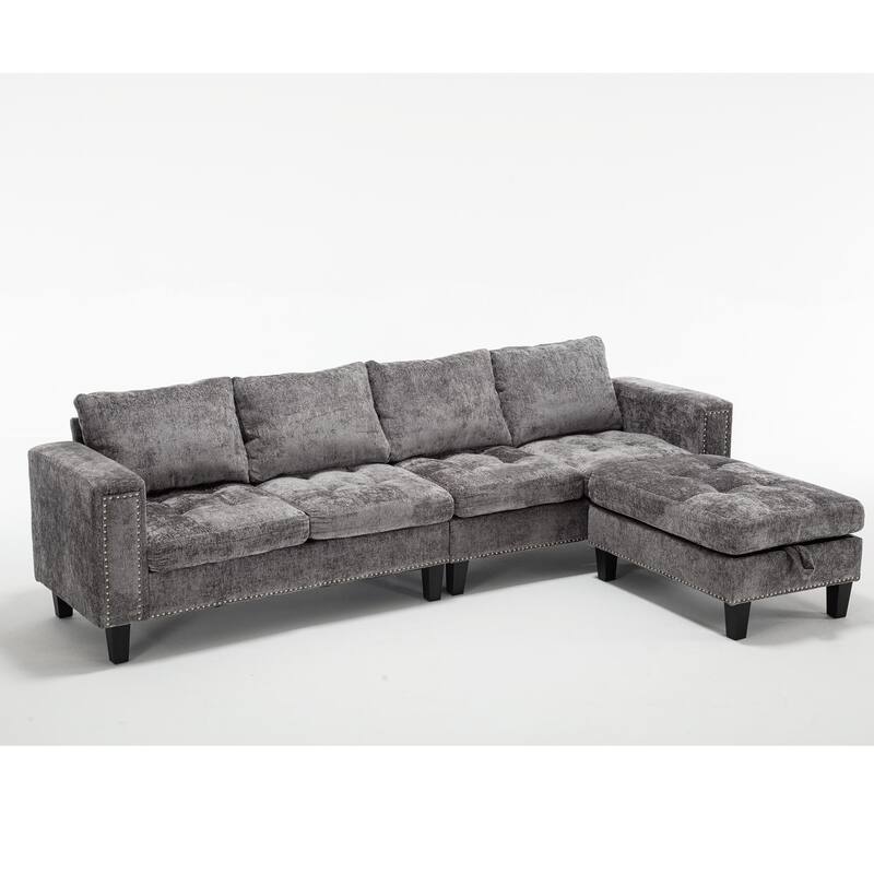 Grey 104.5'' L-Shaped Modular 5 Seat Sectional Sofa with Storage Ottoman, Reversible Chaise and 4 Back Cushions