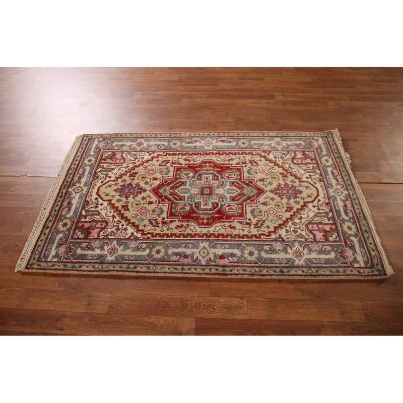 Geometric Beige Heriz-Serapi Foyer Rug Hand-Knotted Wool Carpet - 3'0" x 5'1"
