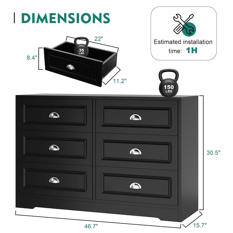 6-Drawer Storage Dresser – Versatile Media Console & Entryway Organizer, Holds TVs Up to 45"