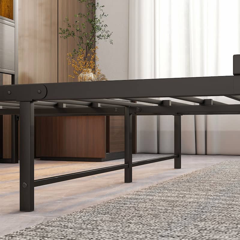 Bed Frame with Storage Headboard, Metal Platform Bed with Charging Station,Bookcase Storage
