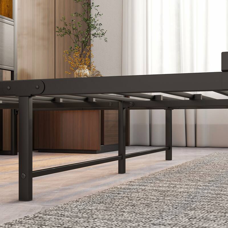 Metal Platform Bed with Storage Headboard and LED Light