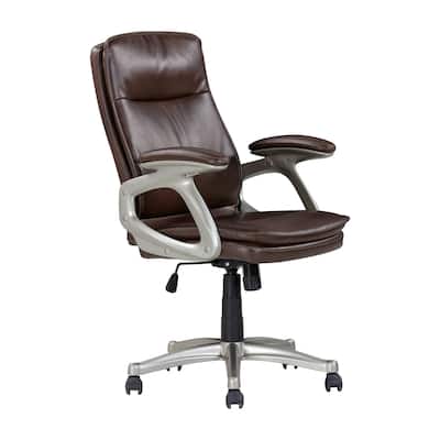 28 Inch Office Gaming Chair, 360 Degree Swivel, Silver, Brown Faux Leather