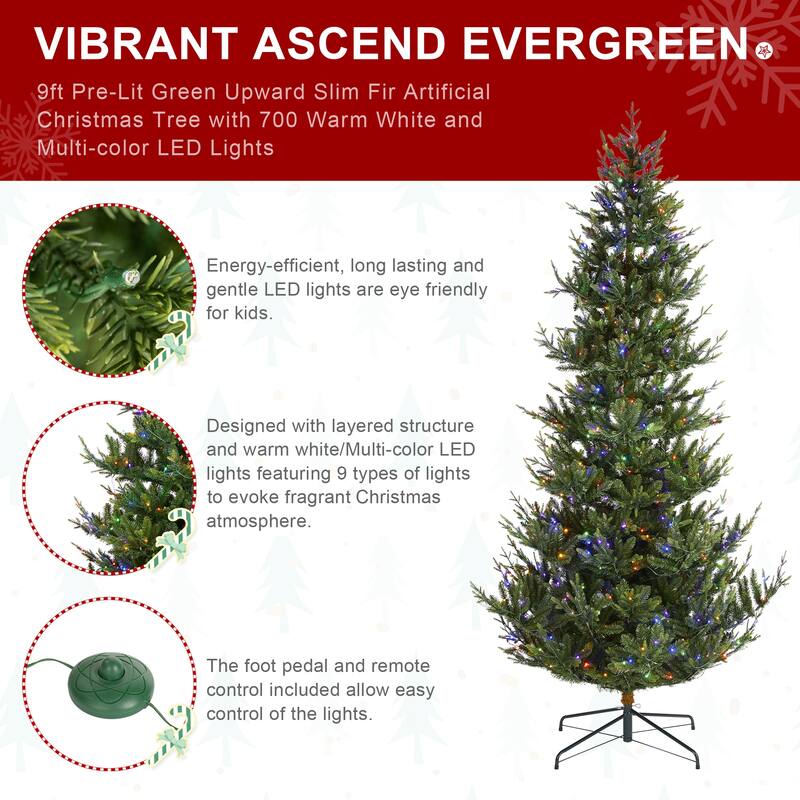 Glitzhome 7.5ft/9ft Pre-Lit Green Upward Slim Fir Artificial Christmas Tree with Foot Pedal Remote Control