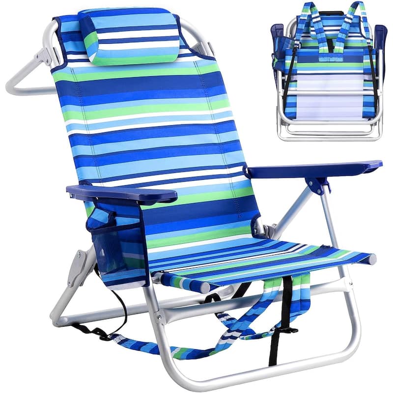 BOSSIN Backpack Beach Chairs for Adults,Adjustable high Beach Lounge Chairs with Towel Rack for Outdoor,Travel - Blue/Green