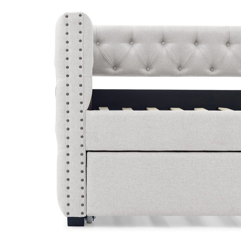 Daybed with Trundle Upholstered Tufted Sofa Bed with Button and Copper Nail on Square Arms