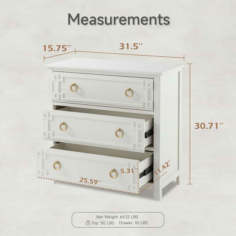 COZAYH Farmhouse 3-Drawer Dresser, Rustic Chest of Drawers with Embossed Geometric Lines, French Country, Fully-Assembled