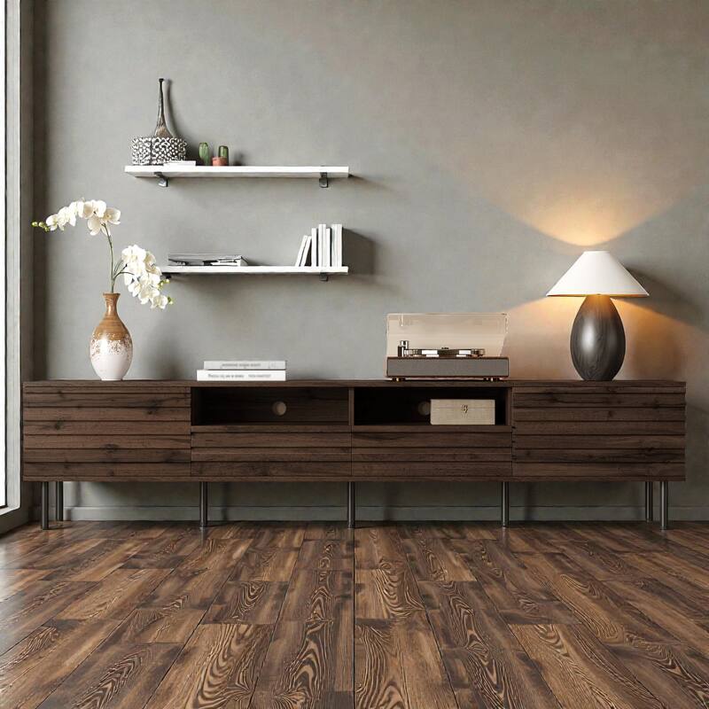 78.7" Modern Walnut TV Stand for TVs up to 85 Inch, Entertainment Center with Slatted Doors, Soft-Close Hinges