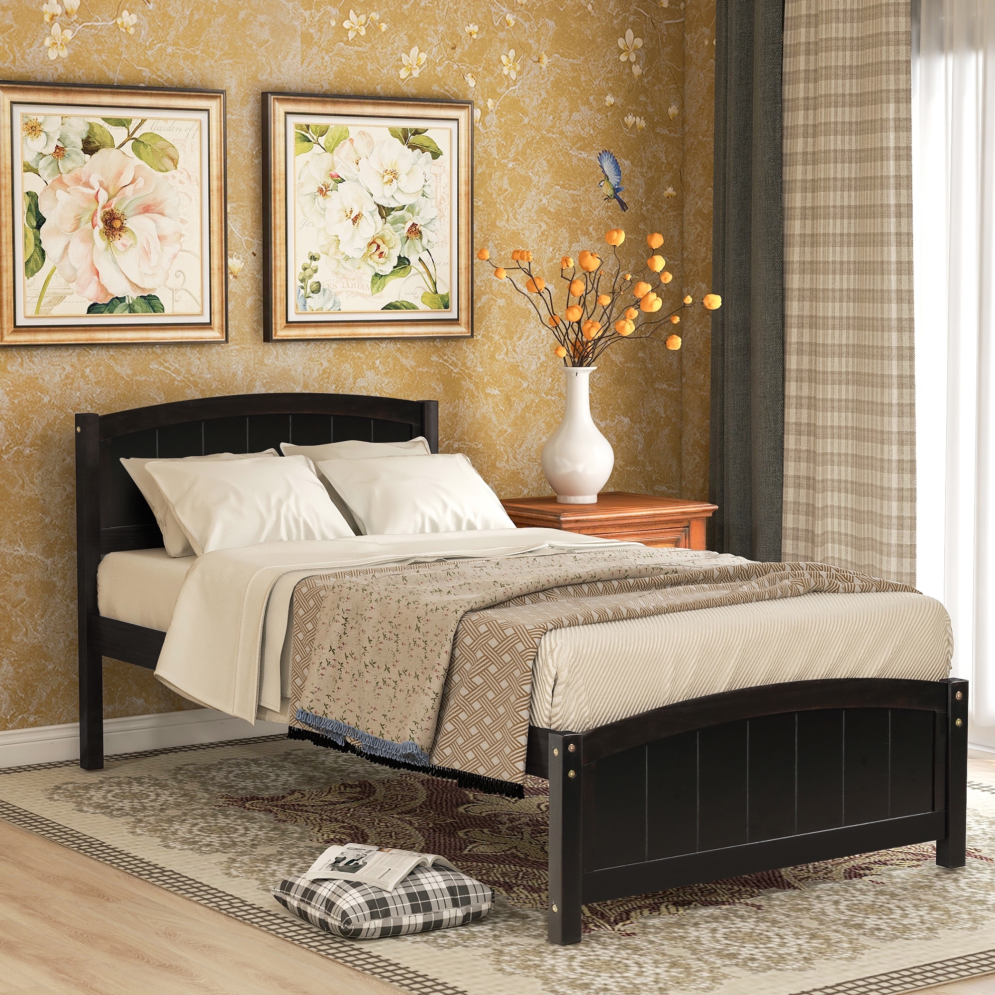 Twin Wooden Platform Bed with Headboard & Footboard - Pine Wood