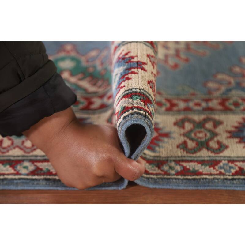 Hand Knotted Oriental 100% Wool Carpet Traditional Geometric Navy Blue & Blues Kazak Runner Rug - 8' 11'' X 2' 9''