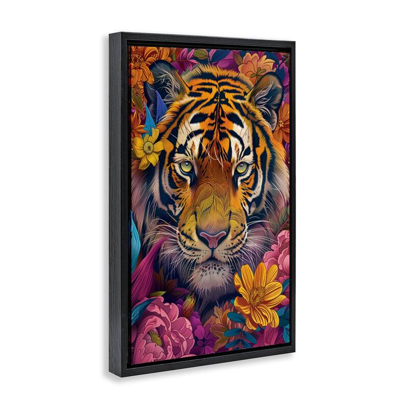 Stupell Peering Tiger Through Flowers Framed Floater Canvas Wall Art Design By LSR Design Studio