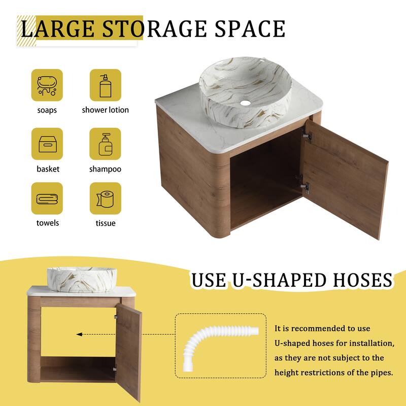 24'' Wall-Mounted Bathroom Vanity With Ceramic Art Sink & 1-Soft-Close Door,KD-Packing, Plywood