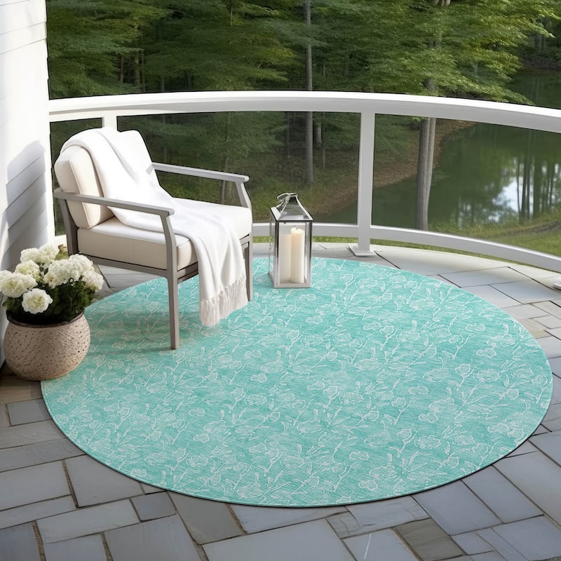 Machine Washable Indoor/ Outdoor Chantille Modern Floral Impressions Rug - Teal - 8' x 8'