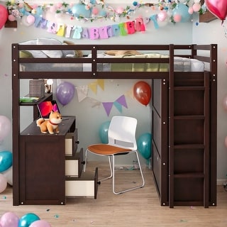 Modern Full Size Loft Bed With Drawers,Desk and Wardrobe,Sturdy Construction
