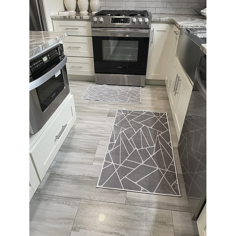 Non-skid Washable Kitchen Runner Rugs (Set of 2) - Set of 44 x 24 and 31.5 x 20 Inches - Grid-Gray