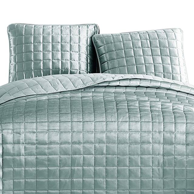 3 Piece Queen Size Coverlet Set with Stitched Square Pattern, Sea Green