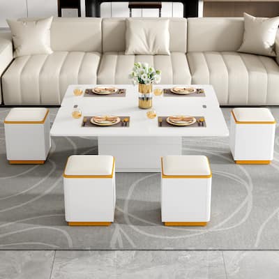 Multi-Functional Coffee Table with 4 Storage Stools and Lift-Top