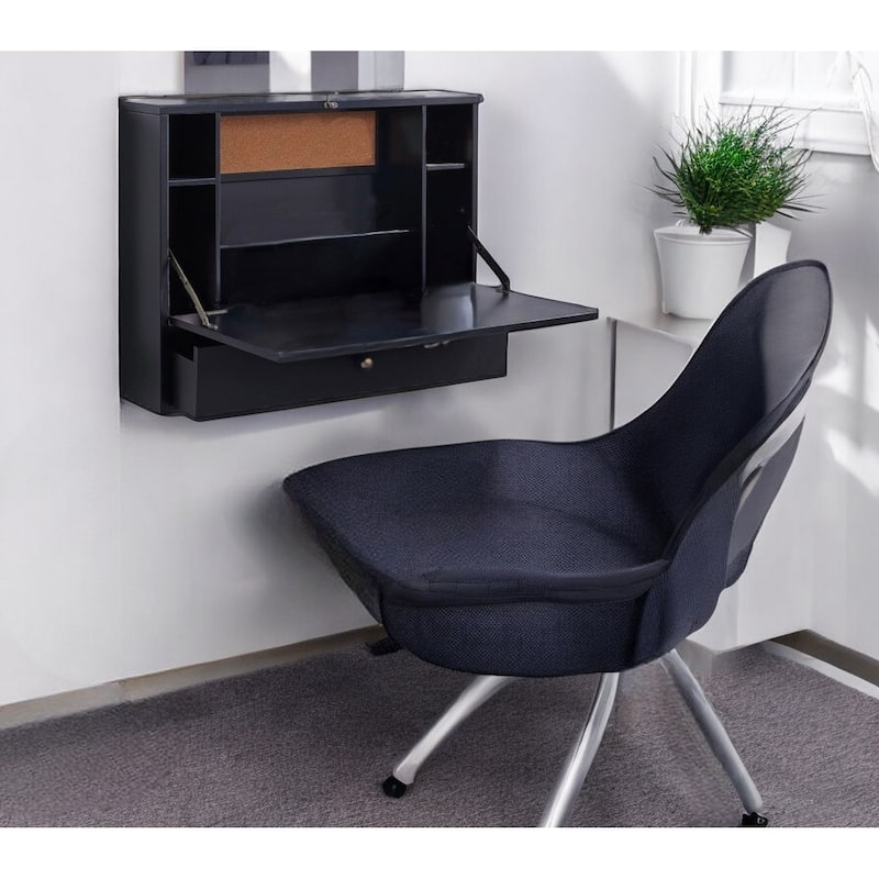 HomeRoots 26" Black Wood Wall Mounted Folding Floating Desk - 20" x 26" x 6" - Black