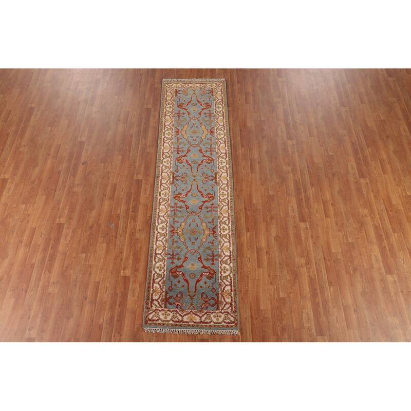 Light Blue Floral Oushak Indian Runner Rug Handmade Wool Carpet - 2'6"x 9'6"