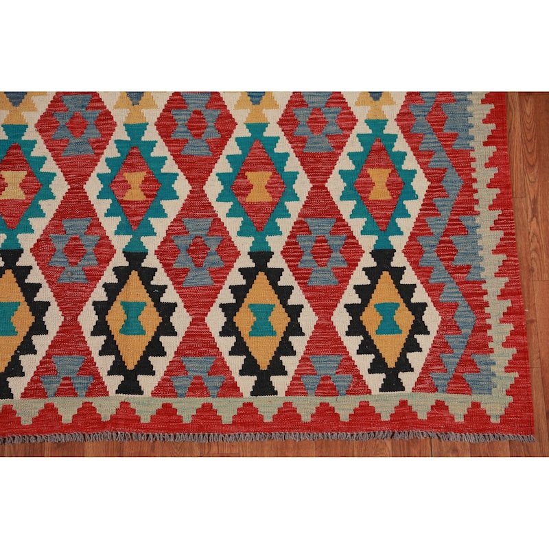 Hand Woven Oriental 100% Wool Carpet Southwestern Geometric Multi-Colored Kilim Area Rug - 8' 4'' X 5' 6''