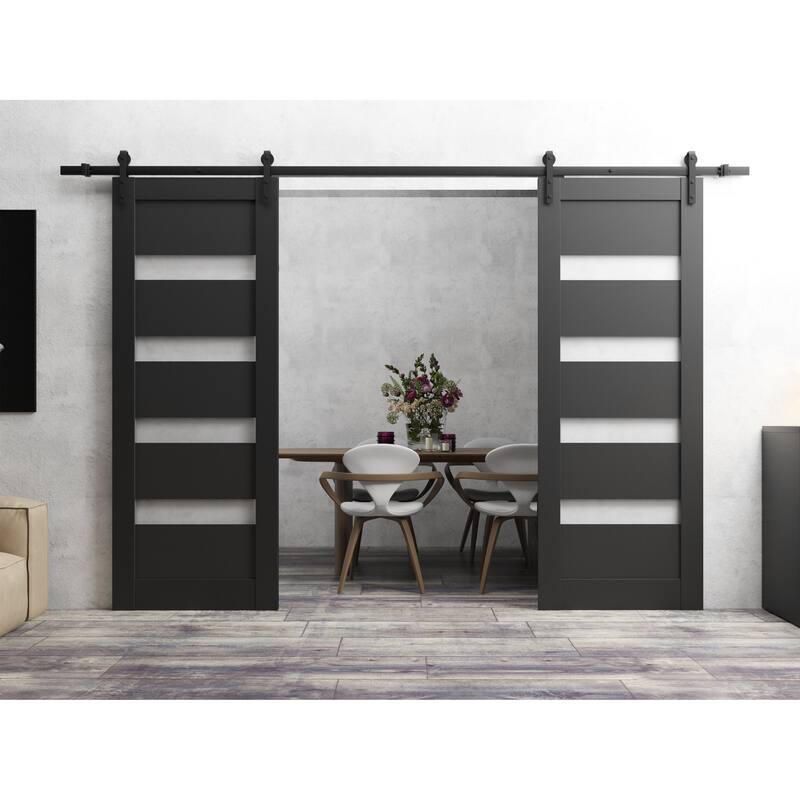 Sturdy Double Barn Door 36 x 80 inches | Quadro 4113 Matte Black Frosted Glass