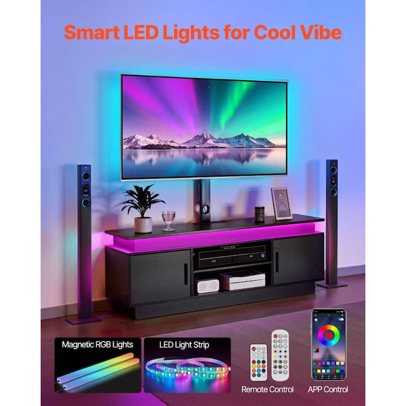 60" TV Stand with Mount for up to 75 in TVs, Entertainment Center with Power Outlet & LED Lights, Height Adjustable TV Console w