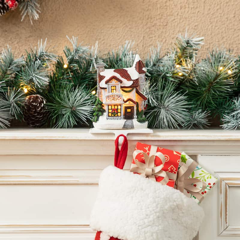 Glitzhome 6"H Christmas Lighted Resin House Stocking Holders Mantel Ornament (Set of 3)