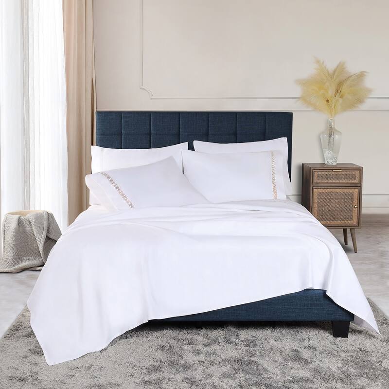 Superior Egyptian Cotton Embroidered Scroll 4 Piece Sheet Set - King - White-Tan
