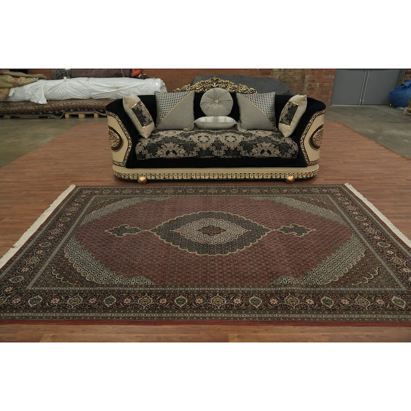 Hand Knotted Oriental Wool & Silk Carpet Traditional Geometric Red Tabriz-Mahi Area Rug - 10' 2'' X 6' 8''