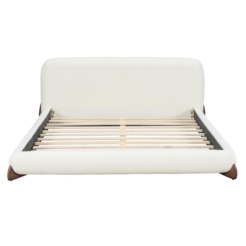 King/Queen Upholstered Platform Bed with Boucle Headboard & Solid Wood Legs