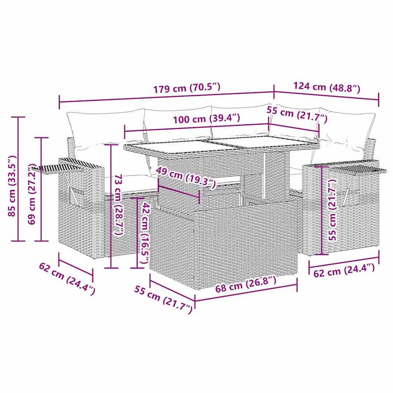 vidaXL Patio Sofa Set with Cushions Table and Couches 5 Piece Poly Rattan