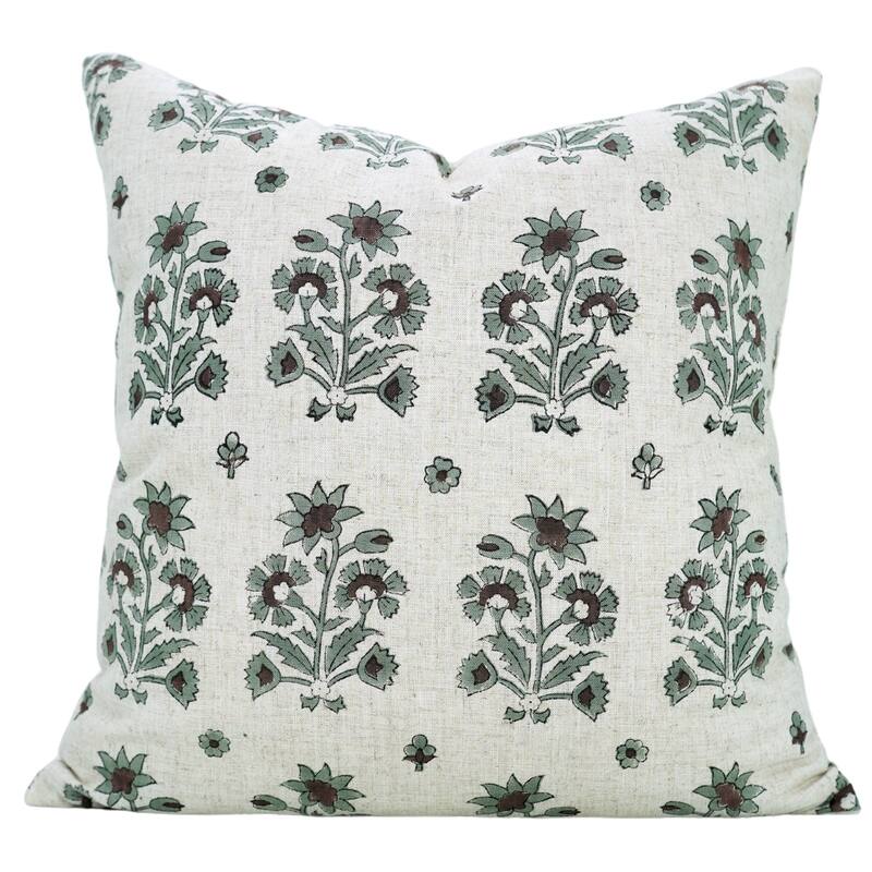 Fabdivine Decorative Floral Pillowcase Handmade Linen Block Print Accent for Sofa Kids Bed Rust Spring Décor, Sadabahar - Sadabahar- Grey, Brown - 16" x 16"