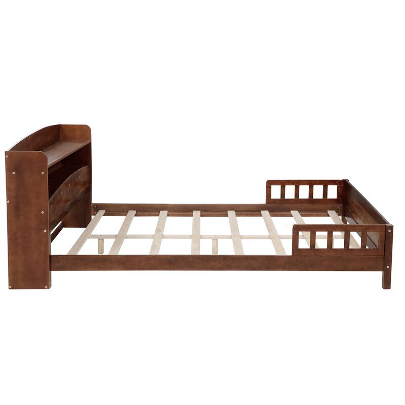 Full Size Pine Bed w/ Bookcase Headboard ,LED Sensor Light, Guardrails - Walnut