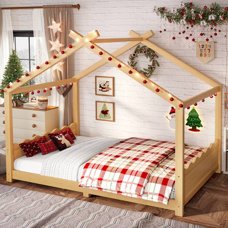 Montessori Bed Floor House Bed with Wave-shaped Headboard and Footboard