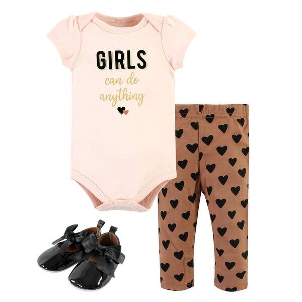 slide 1 of 1, Hudson Baby Infant Girl Cotton Bodysuit, Pant and Shoe Set, Cinnamon Hearts Short Sleeve 0-3 Months - Cinnamon Hearts Short Sleeve