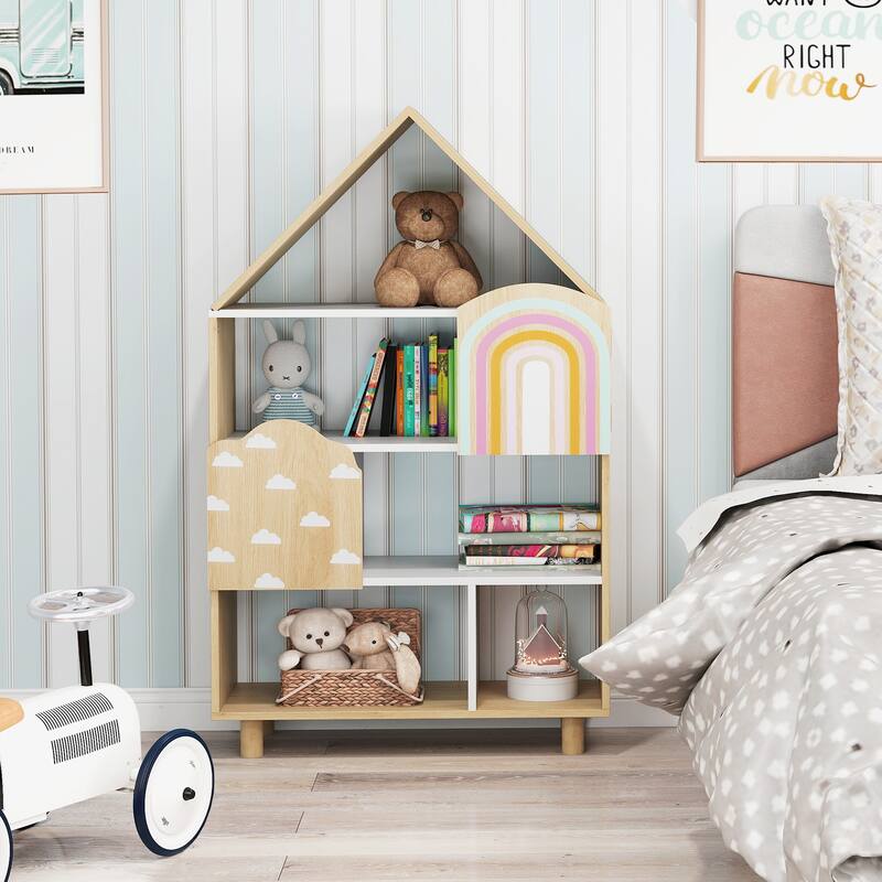 Gymax House-Shaped Kids Bookshelf 4-Tier Toy Storage Organizer w/ Open