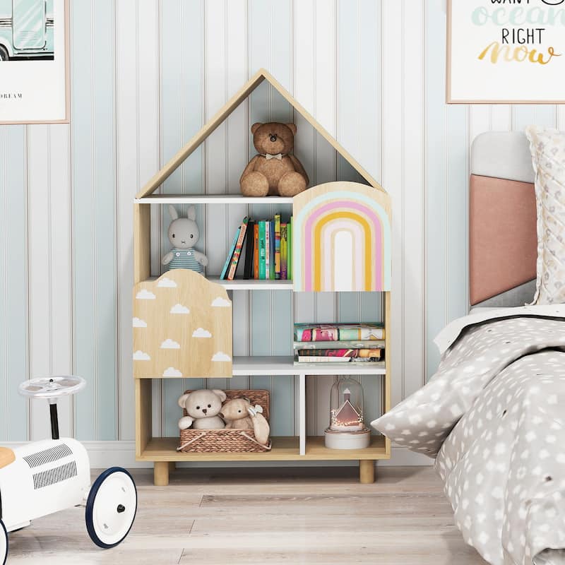 Natural Wood Kids Bookshelf House Shaped Toy Storage Organizer with Doors and Shelves - 23.5" x 12" x 40.5"