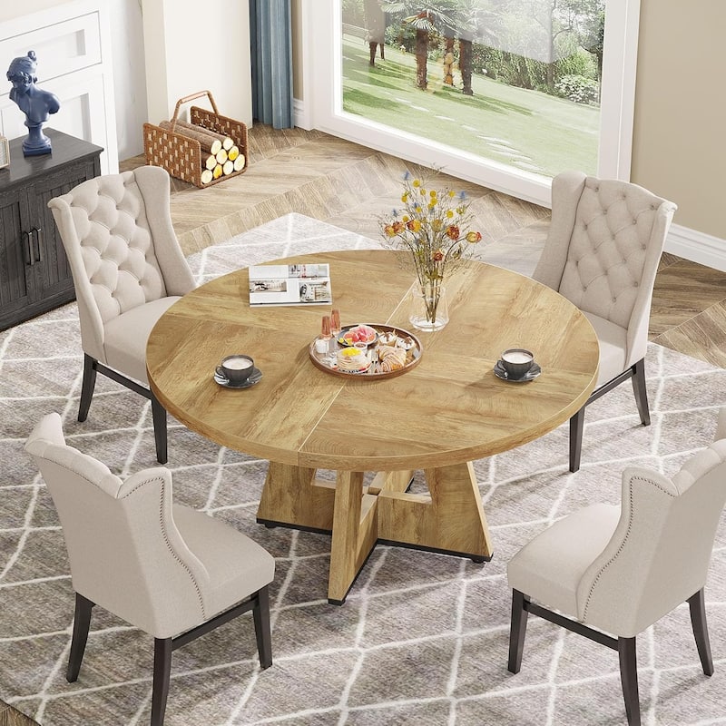 47" Round Wood Dining Table 4-Seater Farmhouse with Wooden Tabletop Cross Base for Dining Room/Kitchen