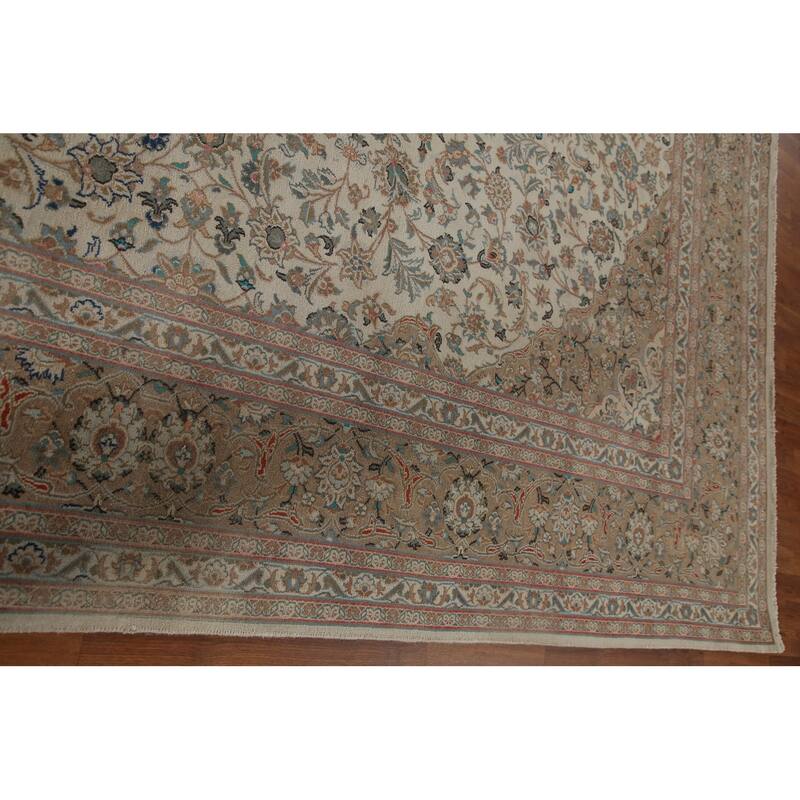 Hand Knotted Oriental 100% Wool Carpet Traditional Floral Beige & Ivories Kashan Area Rug - 12' 8'' X 9' 10''