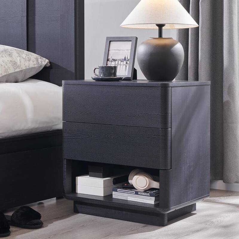 Modern Nightstand With Charging Station, Wooden Side Table, End Table - Black