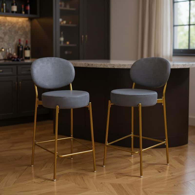 HomeRoots Set of Two 29" Gray and Gold Velvet and Metal Low Back Bar Height Bar Chairs - Bar Height - Gray - Set of 2