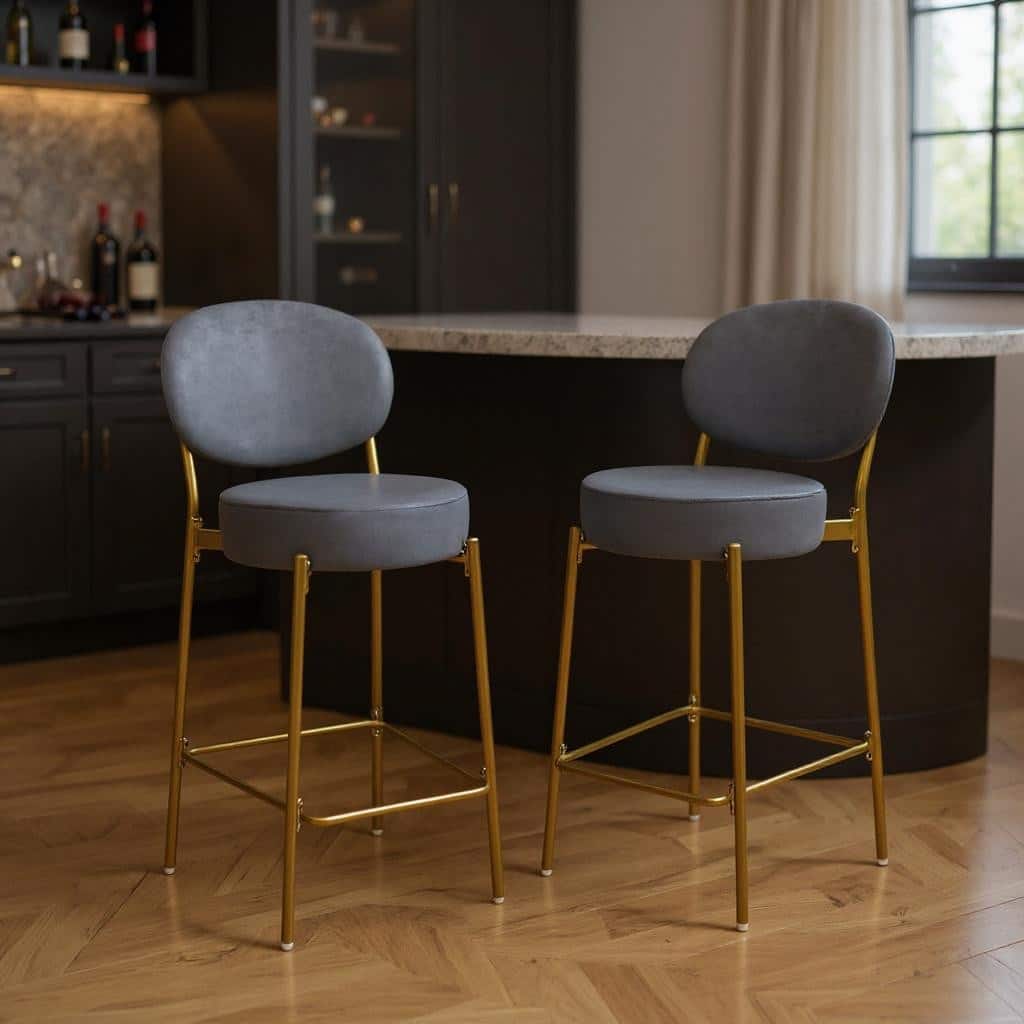 HomeRoots Set of Two 29" Gray and Gold Velvet and Metal Low Back Bar Height Bar Chairs
