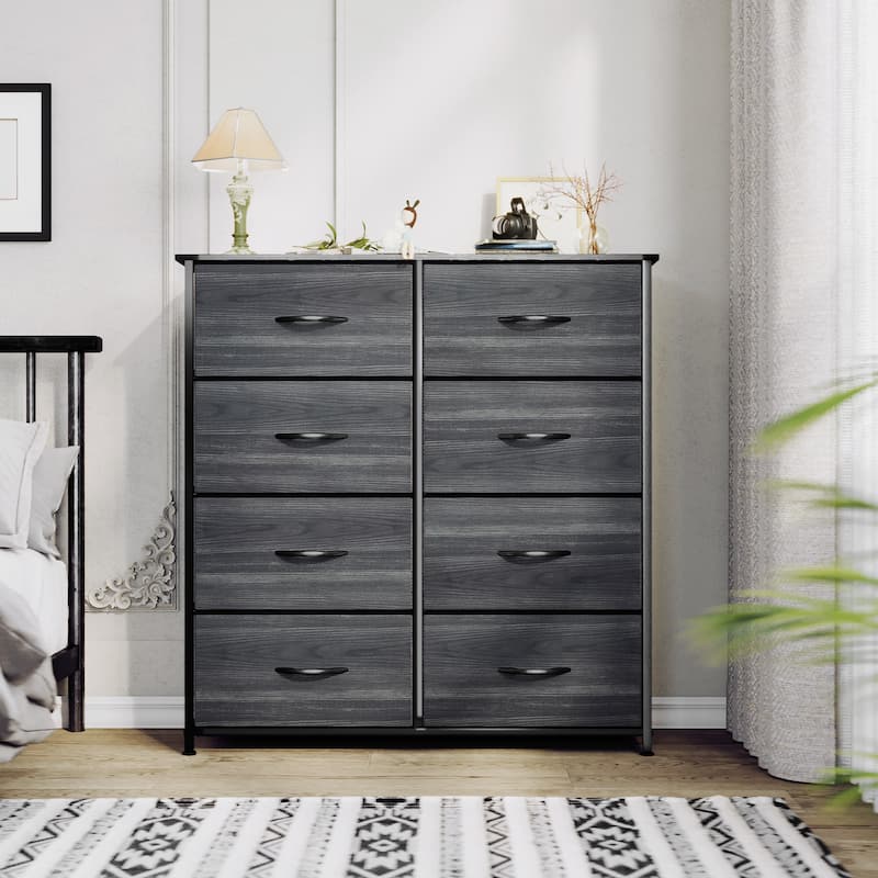 Modern 8-drawers Vertical Fabric Dresser Bedroom Storage Tower - Black Wood Grain
