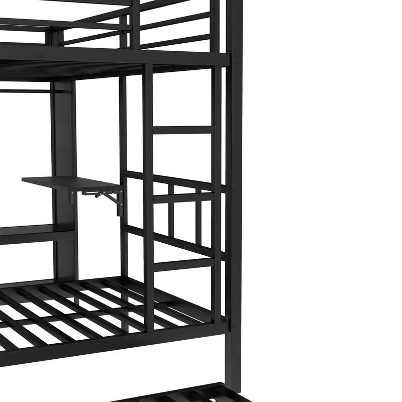 Roomfitters Twin/Full/Queen Metal Bunk Bed with Built-in Wardrobe, Trundle & Foldable Desk, Noise-Reduced Design, Black