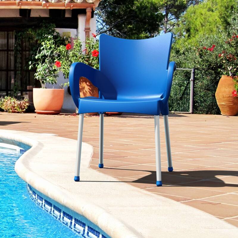 33.25" Blue and Silver Outdoor Patio Dining Arm Chair